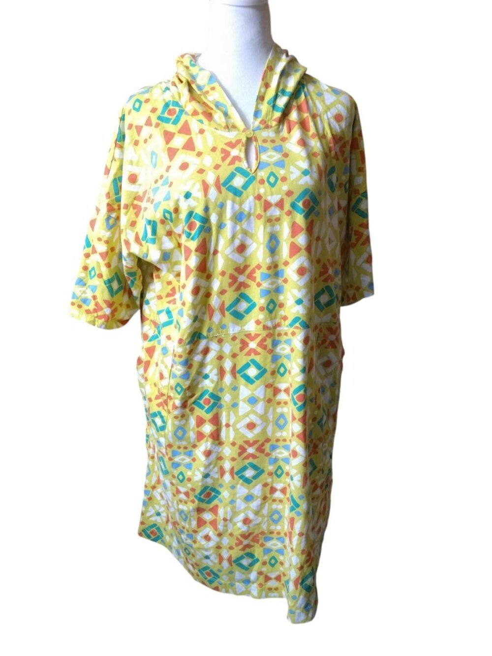 Stan Herman Size Large Yellow Geometric Print Hooded Coverup Lounge Dress Cotton